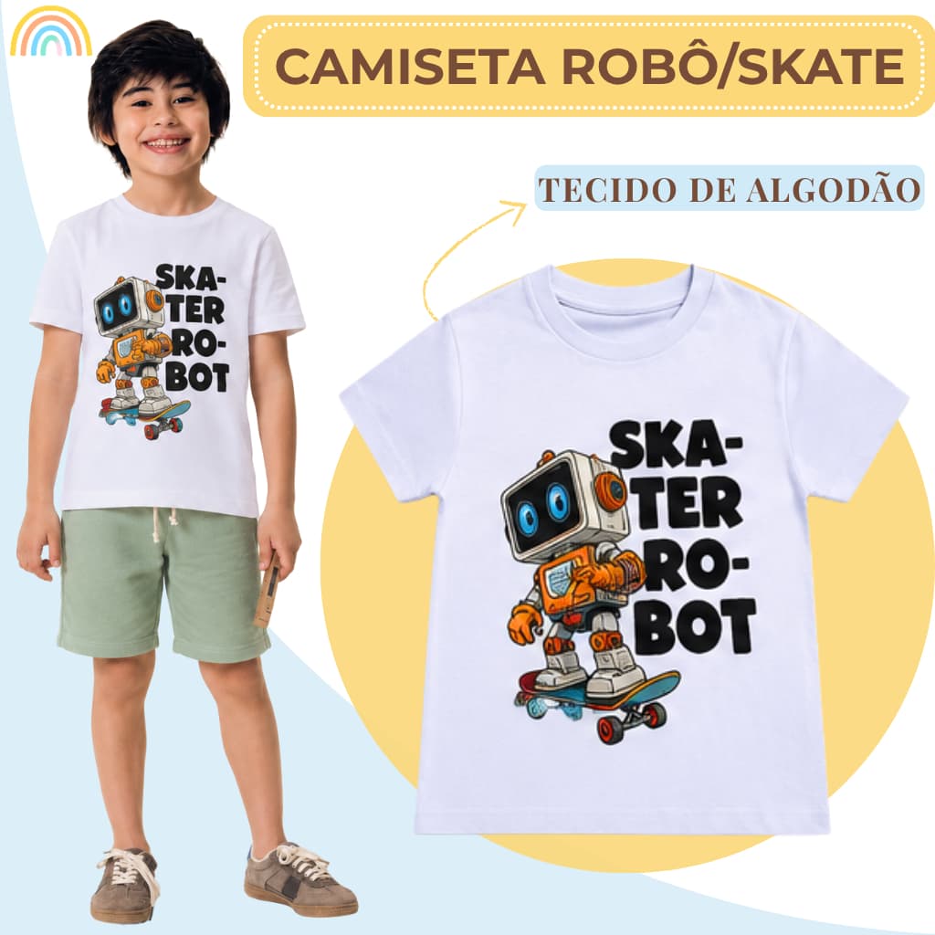 Camiseta Infantil/Juvenil Menino Skaiter Robot Boy Camisa Masculina Algodão Tamanho 2 ao 16