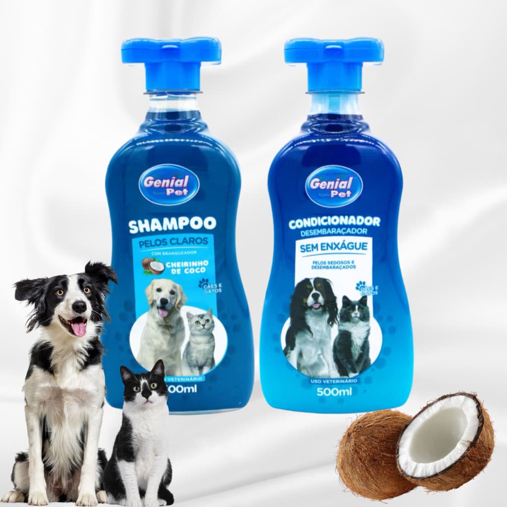 Shampoo Pelos Claros Cheirinho de Coco e Condicionador Sem Enxague para Cães e Gatos - Genial pet