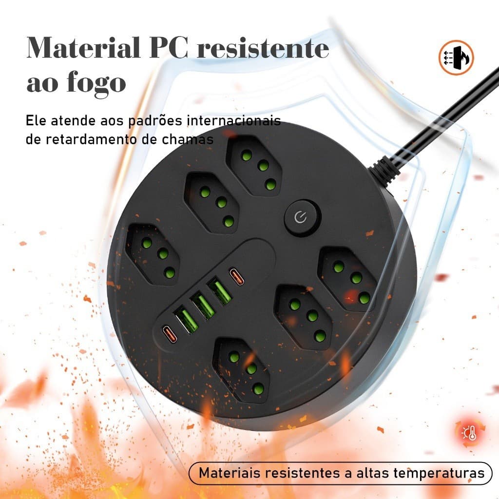 Régua de Energia 6 Tomadas 3 USB 2 Type-C 2500W Controle Único Design Seguro e Resistente ao Fogo