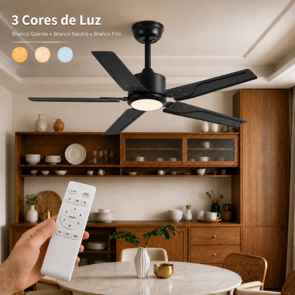 Ventilador de Teto Nórdico Decorativo 48W Bivolt 5 Pás Timer Controle Remoto