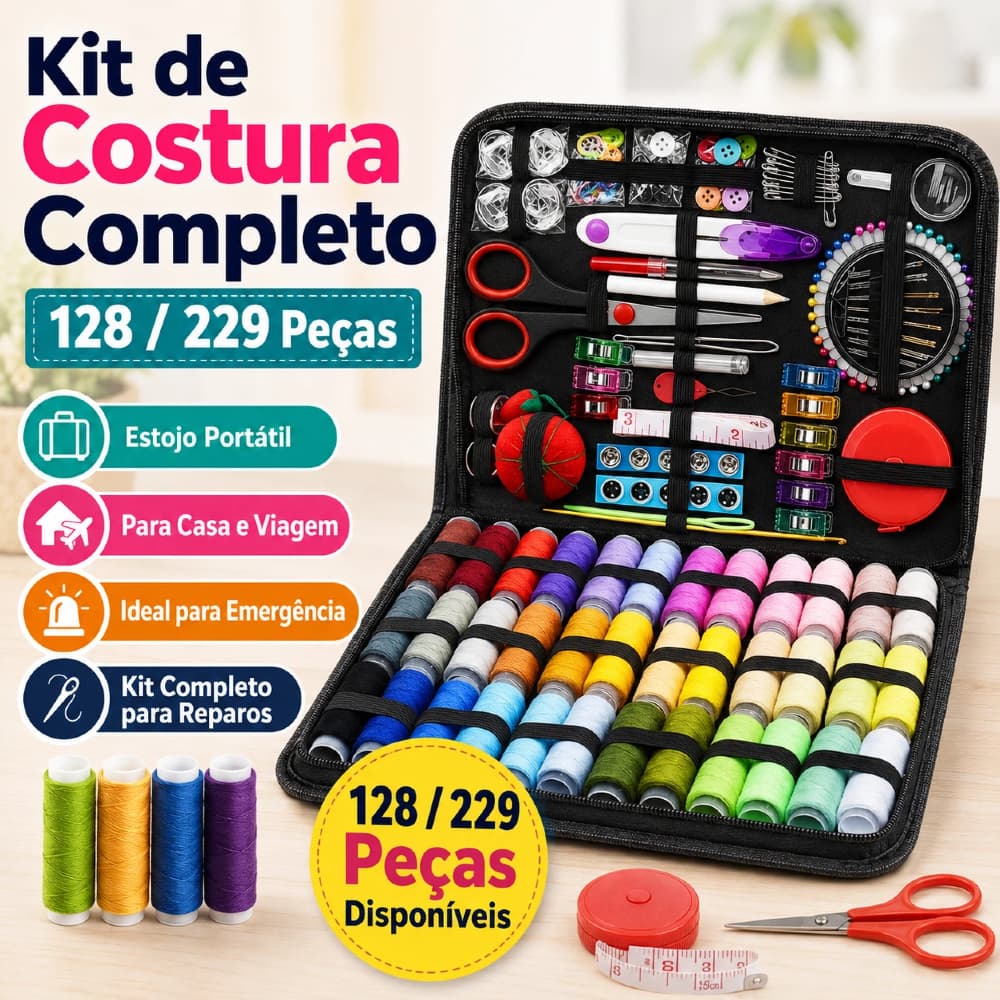 Kit de Costura Completo 128/229 Peças Estojo Portátil para Casa Viagem e Emergência