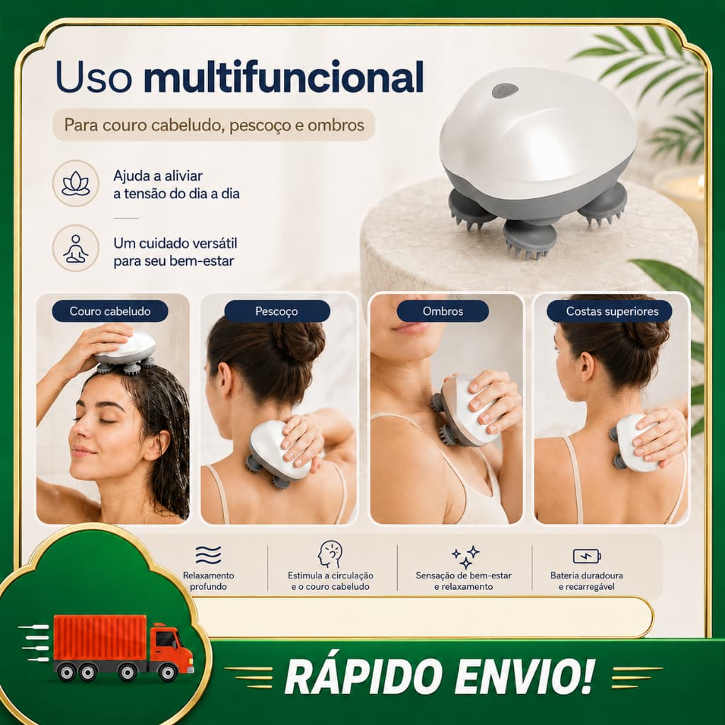 Massageador Elétrico Corporal e Capilar para Cabeça, Couro Cabeludo, Pescoço e Ombros