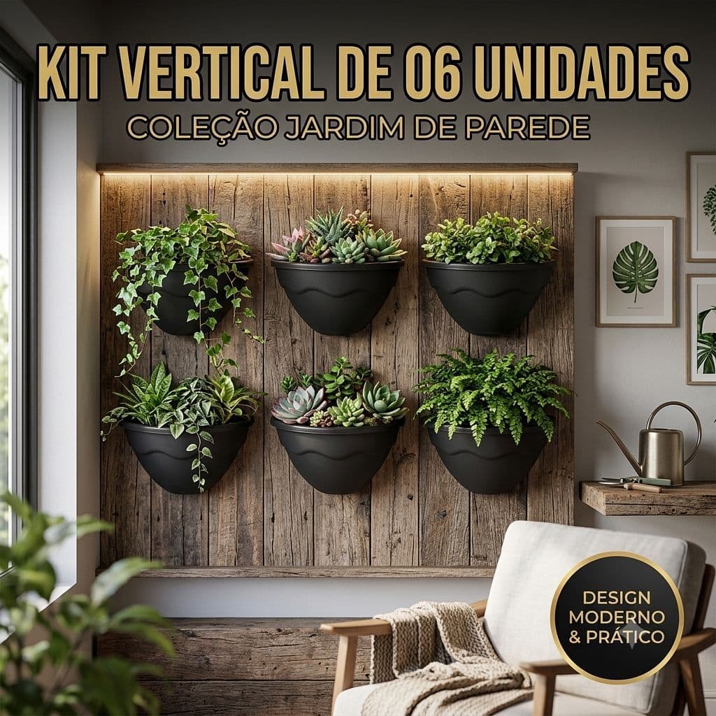 Kit Vertical c/ 06 Vasos de Parede Meia Lua cor Preta/Terracota - Largura 30cm x 16cm Altura