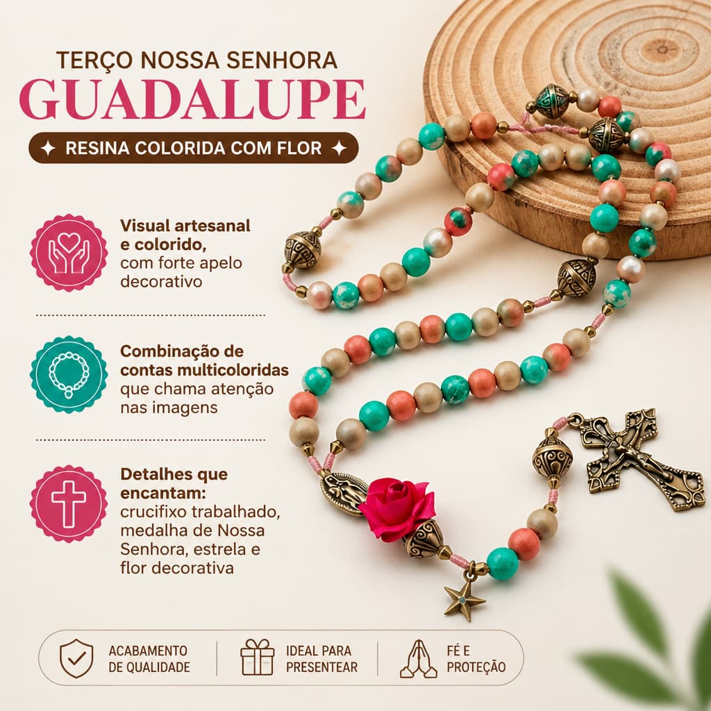 Terço Nossa Senhora Guadalupe Medalha Bronze Flor Colorida