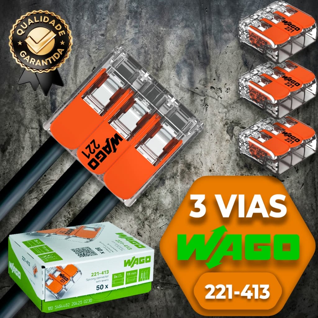 Conector de Fio Elétrico Wago 221-413 Conector Wago Emenda 4mm² Conexão Automática Kit 5,10,15 e 20