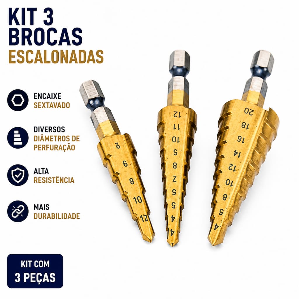 Kit 3 Brocas Escalonadas Encaixe Sextavado Para Furadeira Diversos Diâmetros Perfuração Precisa