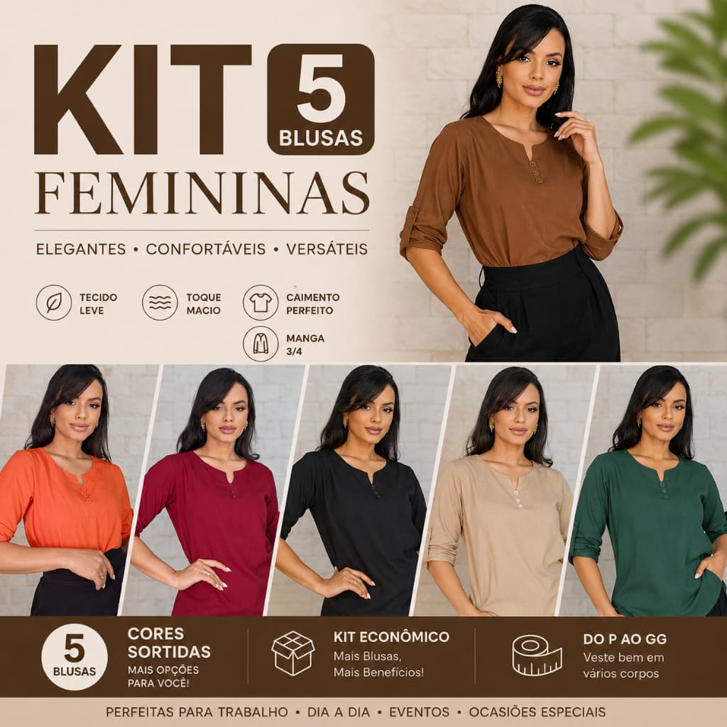 Kit Com 5 Blusa Feminina Manga 3/4 Com Botões Elegante Social Casual para Trabalho