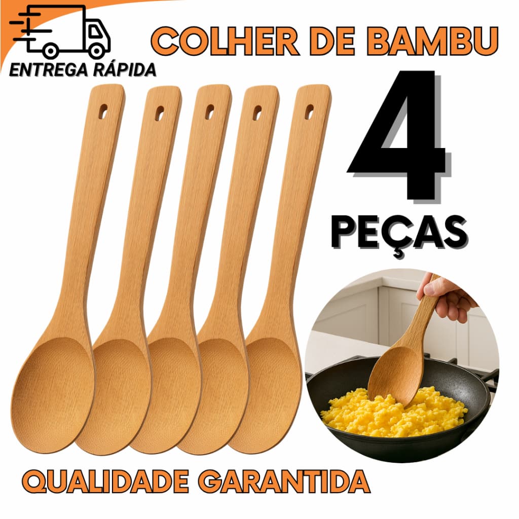 Jogo 4 2 ou 1 Colher De Bambu Resistente Ideal Para  Servir, Cozinhar e Mexer Para Dia a Dia e Restaurantes