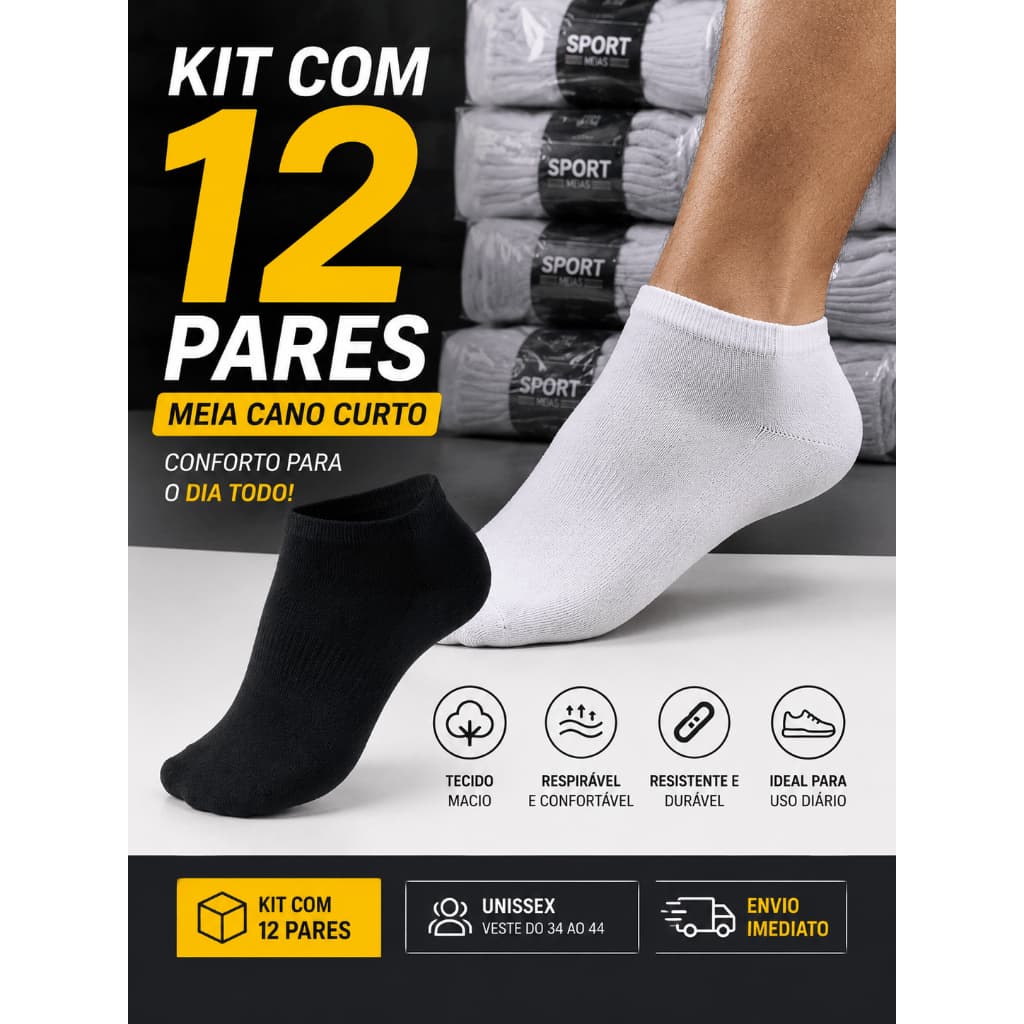 Kit Meia Cano Curto 6 ou 12 Pares Unissex Branca Preta Confortável Tamanho 38 ao 44