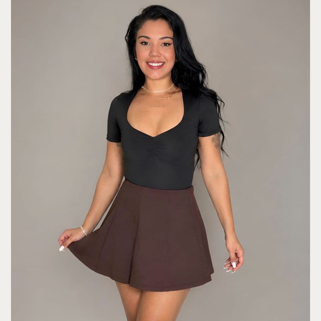short saia Casual Balada Estilosa Versátil Feminina Marrom Cintura Alta Praticidade Elegância Tendência