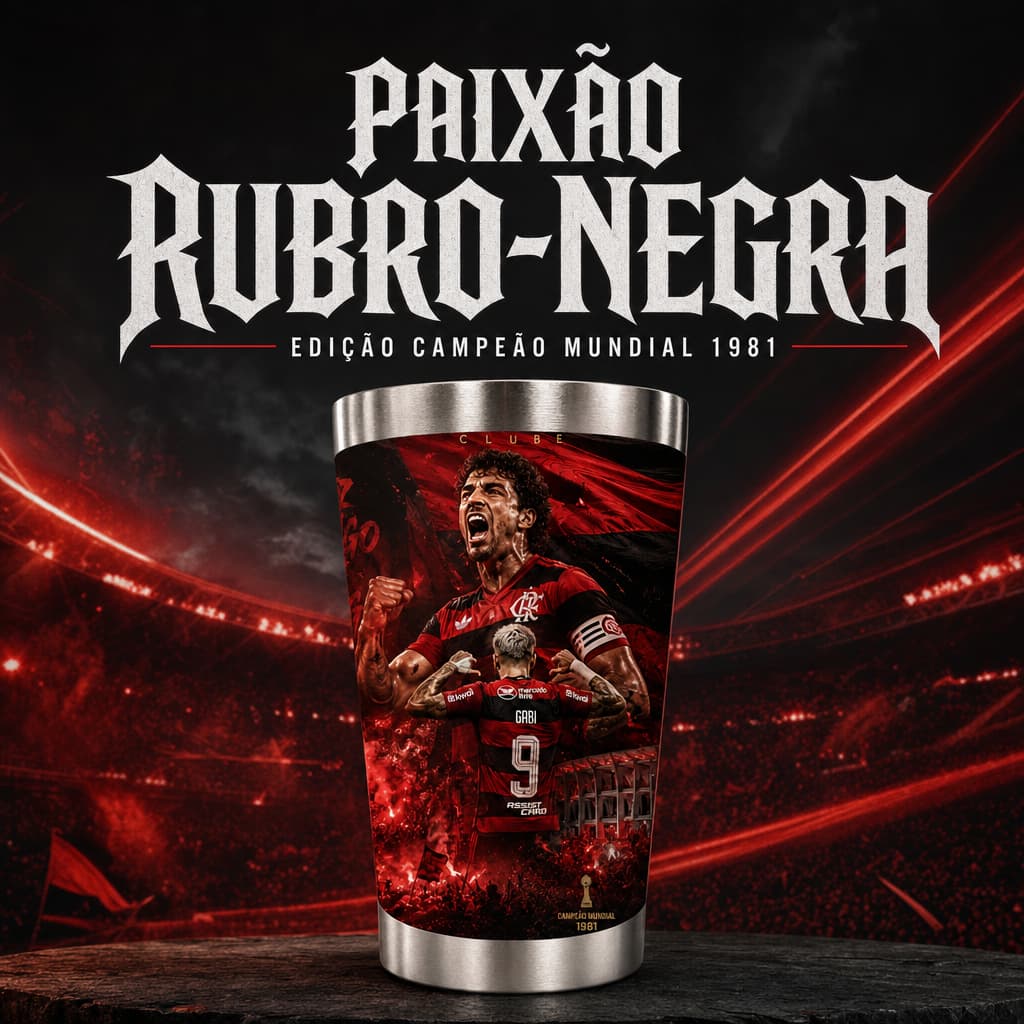 Copo Inox Térmico Flamengo Estampa Gabi 9 Edição Campeão 1981 Para Fã Rubro-Negra