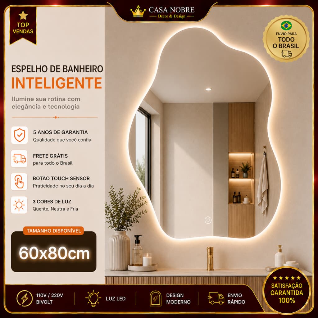 Espelho de Parede LED Formato Nuvem Touch 3 Tons de Luz Bivolt 60x80cm Espelho Moderno para Banheiro e Penteadeira