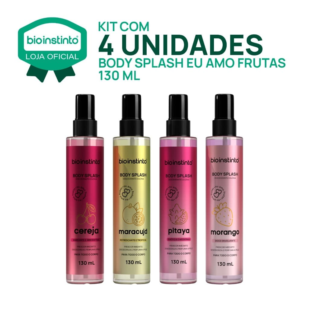 04 Body Splash FRUTAS 130ml Bio Instinto Perfume Corporal Lançamento Colônia Feminina Morango cereja
