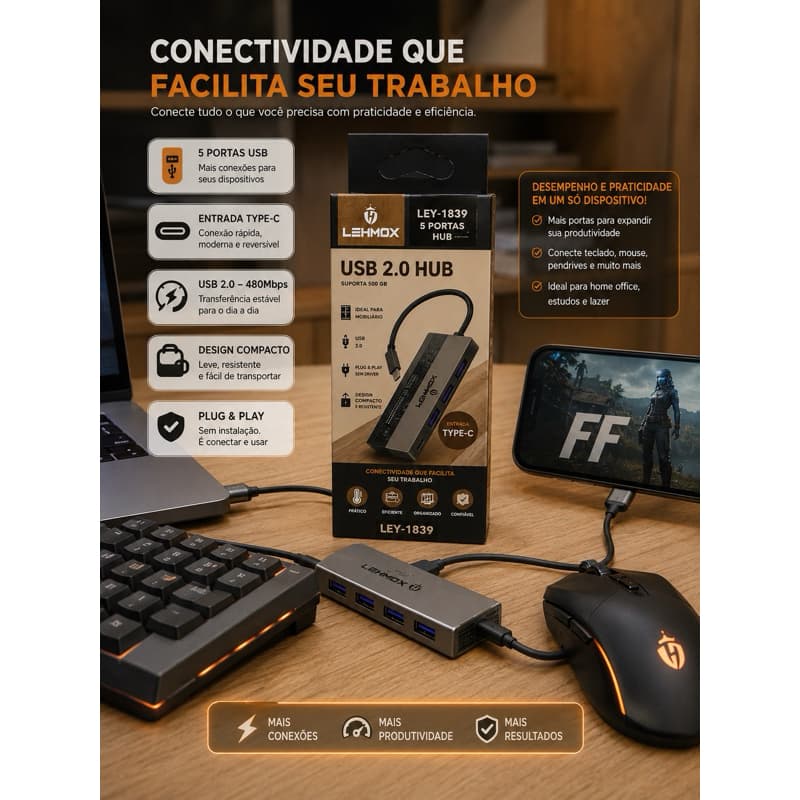 HUB 5 PORTAS USB 2.0 TYPE-C - LEY-1839