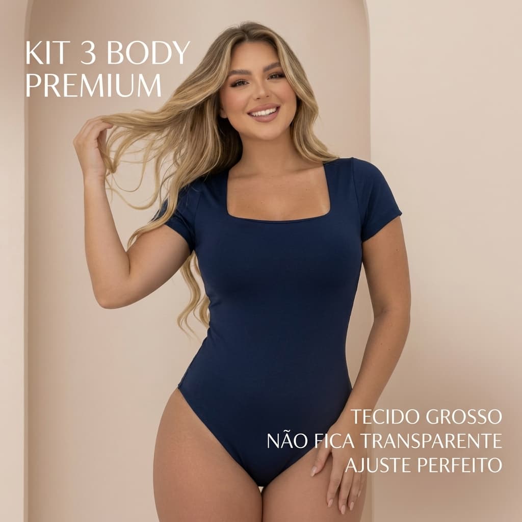 Kit 3 Body Feminino Decote Quadrado Manga Curta Tecido Suplex Moda Blogueira Verão