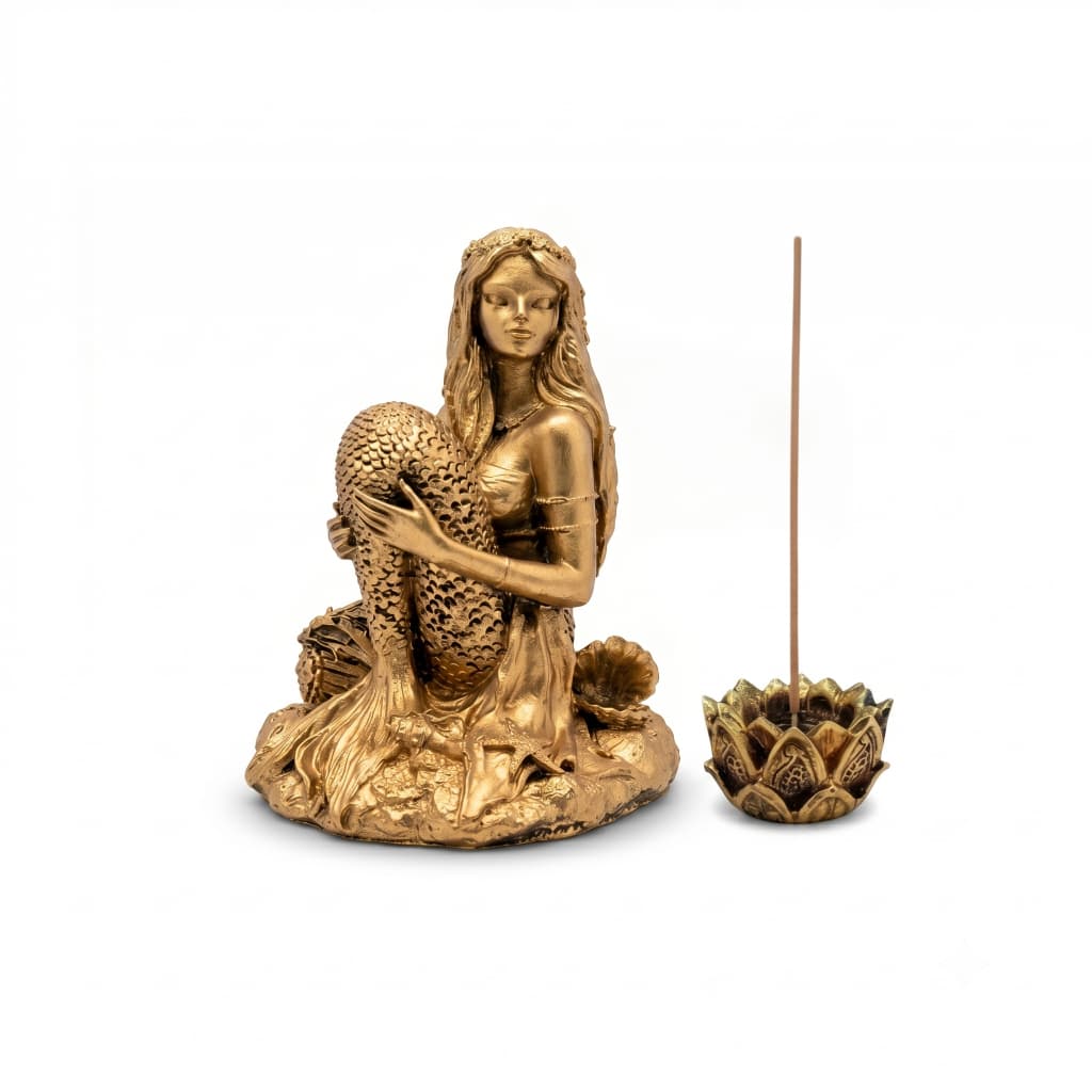 Sereia de Resina 16cm + Incensário Flor de Lótus Resina Decoração Estátua Enfeite Místico Casa Altar