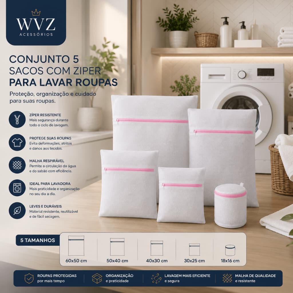 Kit 5 Sacos Para Lavar Roupas Delicadas Com Zíper Roupa Íntima Delicada Lavanderia Proteção🧺✨