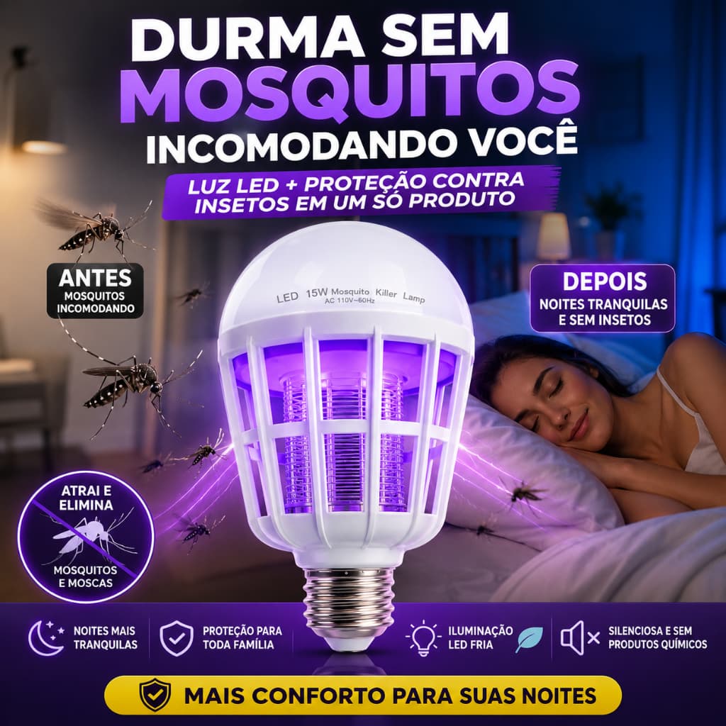 Lâmpada Mata Mosquito LED UV 15W 110V E27 Repelente Elétrica Mata Moscas Pernilongos