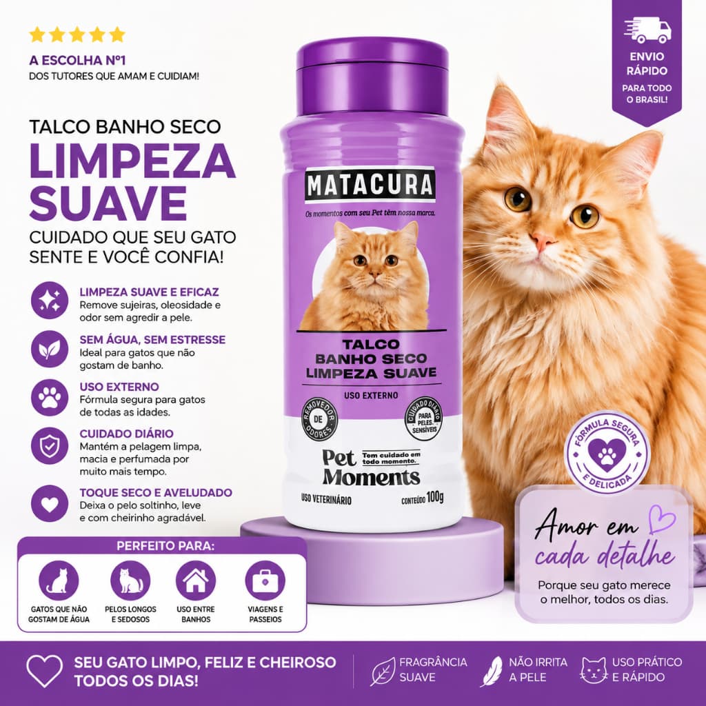 Talco Banho Seco Sem Enxágue Para Gatos Matacura 100g
