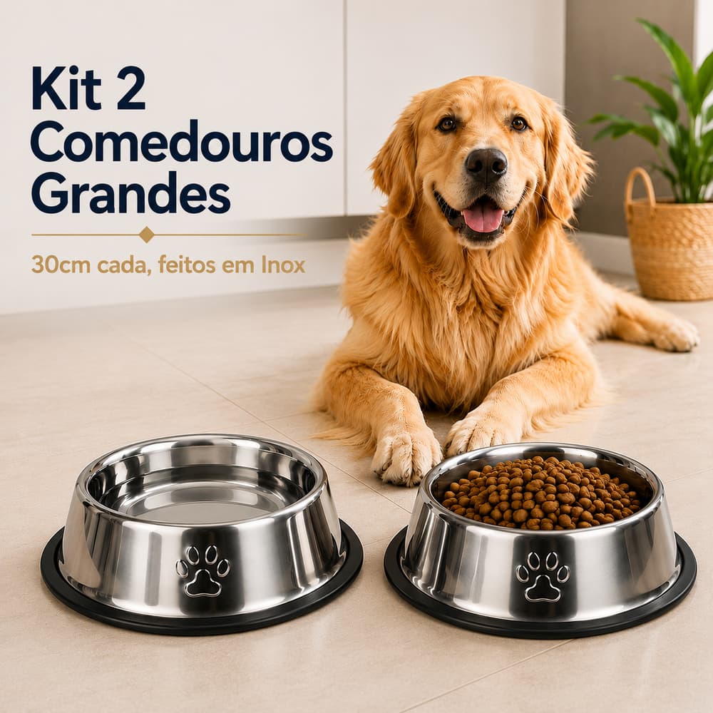 Comedouro Inox Antiderrapante 30cm Pet Cachorro Gato Ração Água Tigela Inox Grande, Porte de Ração