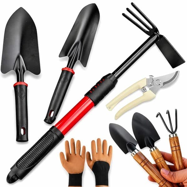 Conjunto de Jardinagem 8 Peças Enxadinha Grande 40CM 2 Pás Grandes Alicate de Poda Luva Confortável e Kit Pás Para Vasos