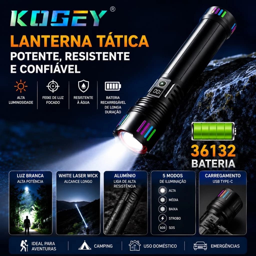 Lanterna Super Potente Recarregável Tática LED Zoom Ajustável USB KOSEY KG-516A