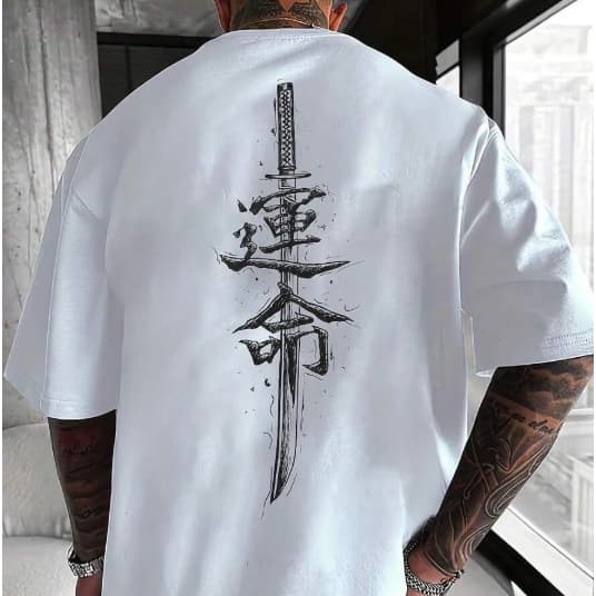 Camiseta Convencional de Samurai Katana Japonesa Japão Estampa da Moda Masculina