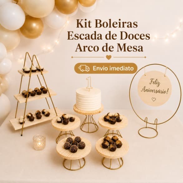 Kit Decoração Festa 7 Peças - Boleiras, Mini Arco decorativo Redondo de Mesa, Escadinha para Doces..