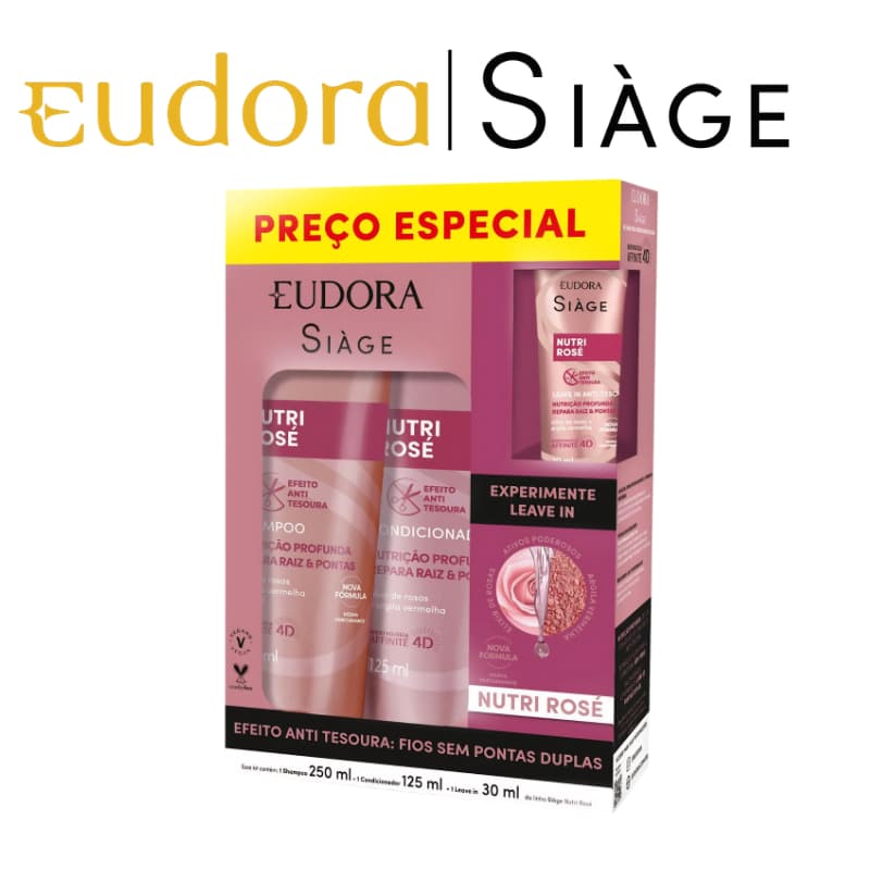 Kit Eudora Siàge - NUTRI ROSE - LISO INTENSO - HAIR PLASTIA - GLOW EXPERT Shampoo + Condicionador