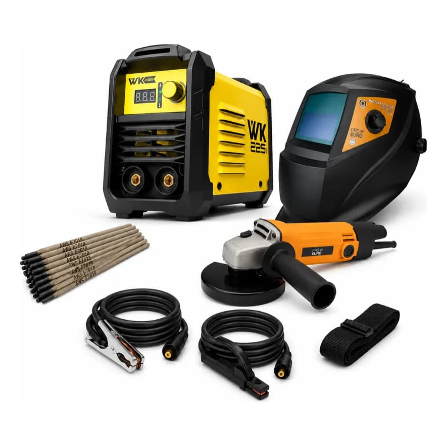 Kit Máquina de Solda WK 225i 220V + Máscara de Solda Automática + Esmerilhadeira 720W  - Pró Euro