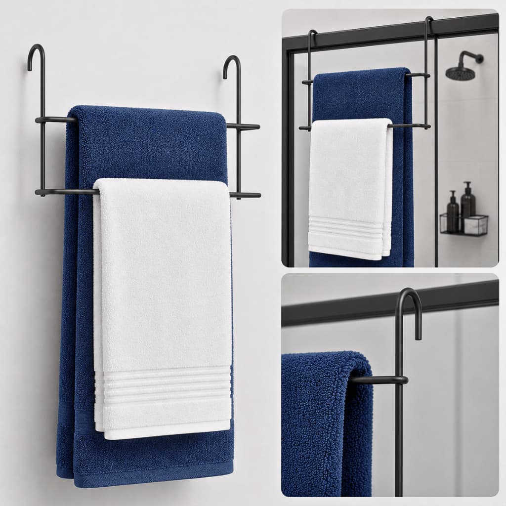 Porta Toalhas Duplo Suporte Toalheiro Para Box Preto Inox Sem Furo