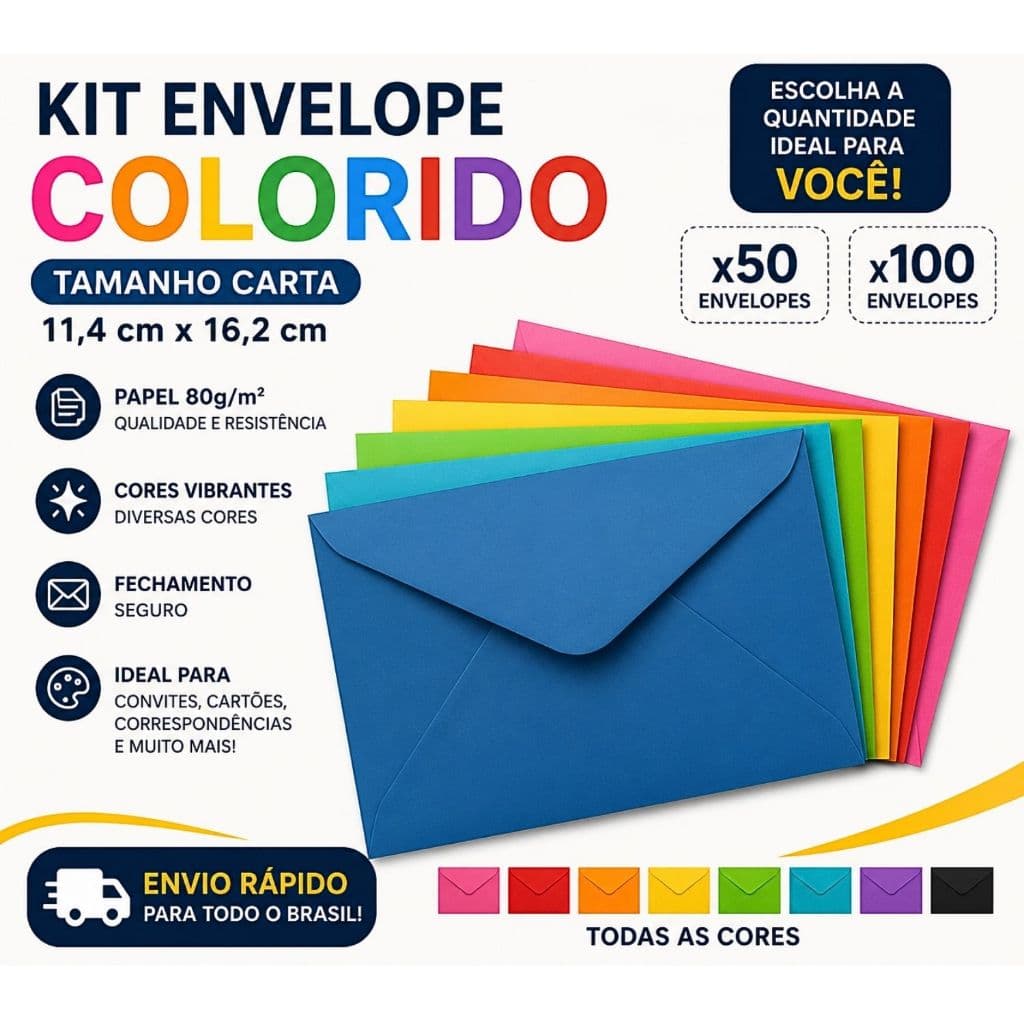 Kit Envelope Colorido Tamanho Carta 11,4cm x 16,2cm 80g/m² Diversas Cores