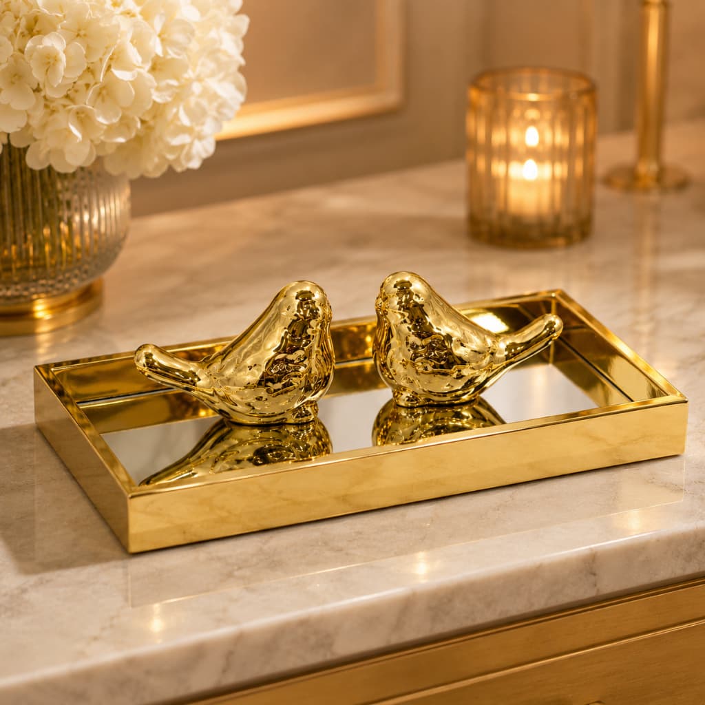 Kit Decorativo 3 Peças Bandeja Espelhada Dourada 26cm com Casal de Pássaros Enfeite Luxo