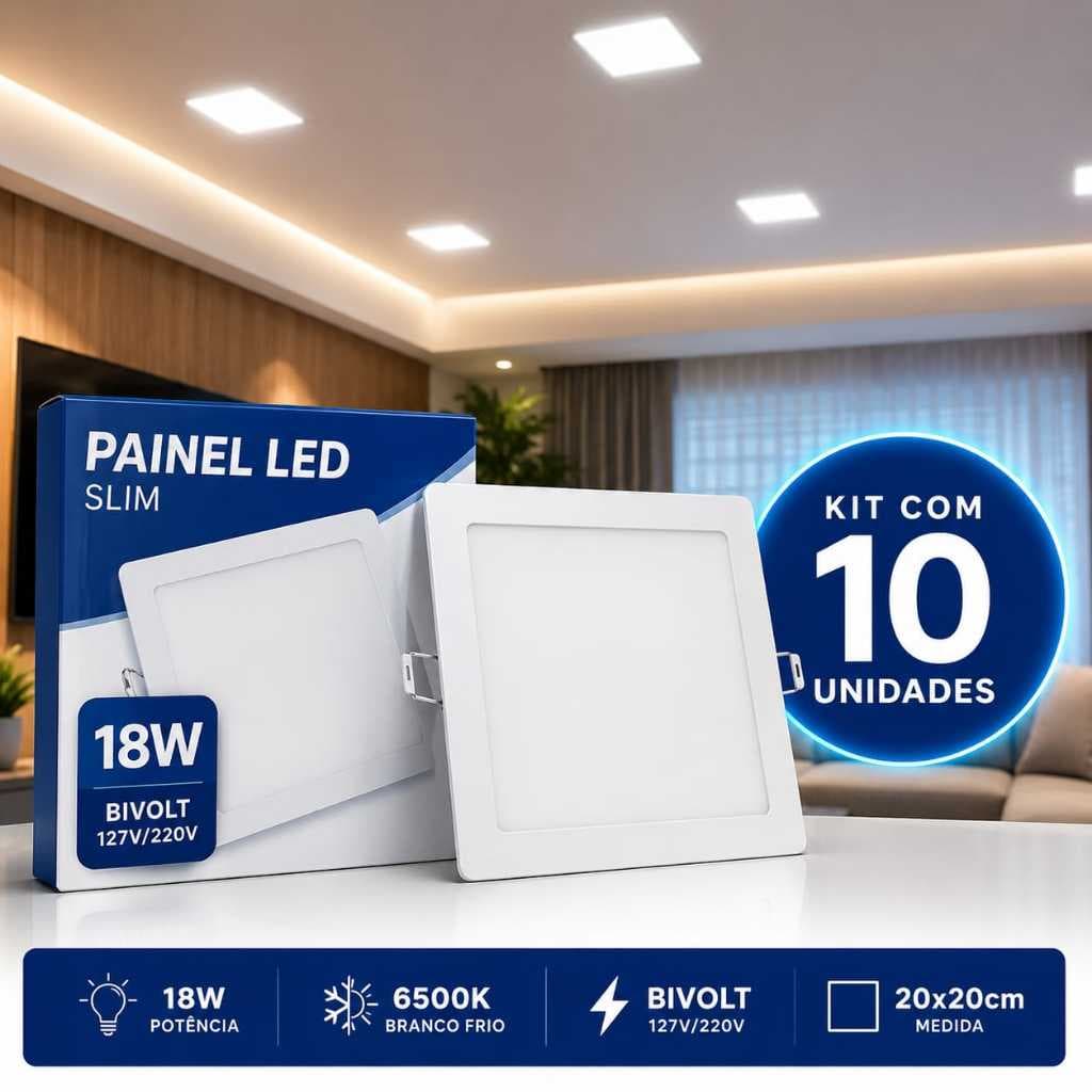Kit com 10, 6, 3 Painéis LED Embutir Slim 18W 20x20cm Bivolt 6500K Branco Frio Luminária Led Embutir