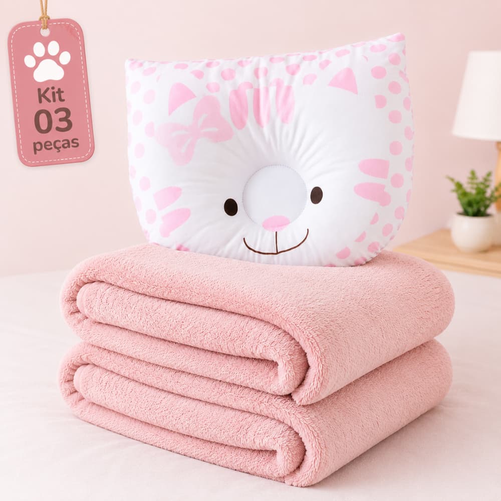 Kit Enxoval Bebê 3 Peças Mantas + Travesseiro Anatômico Presente Recém Nascido