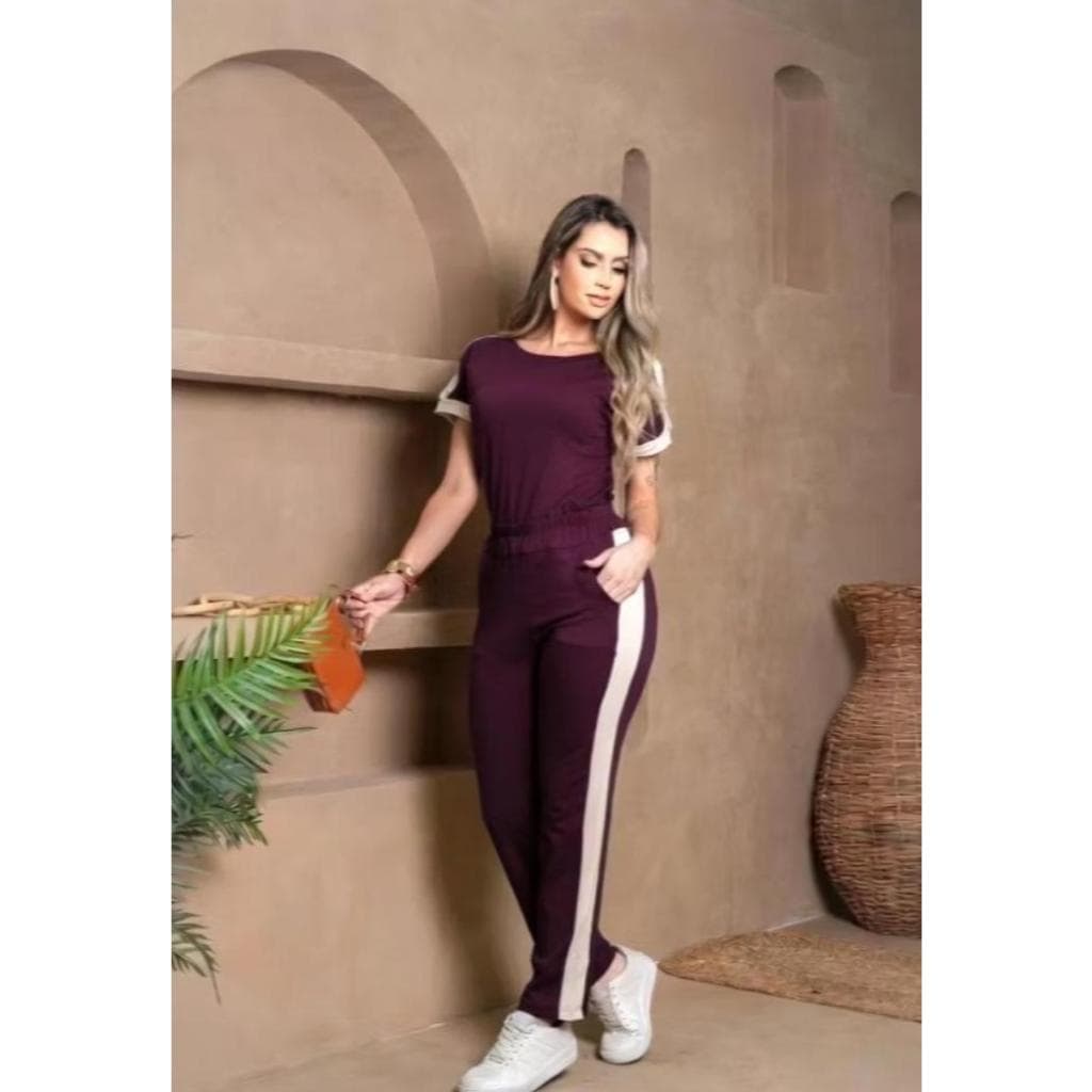 Conjunto Feminino Moletinho Blusa Manga Curta e Calça Pantalona cumprida com Bolso M G GG