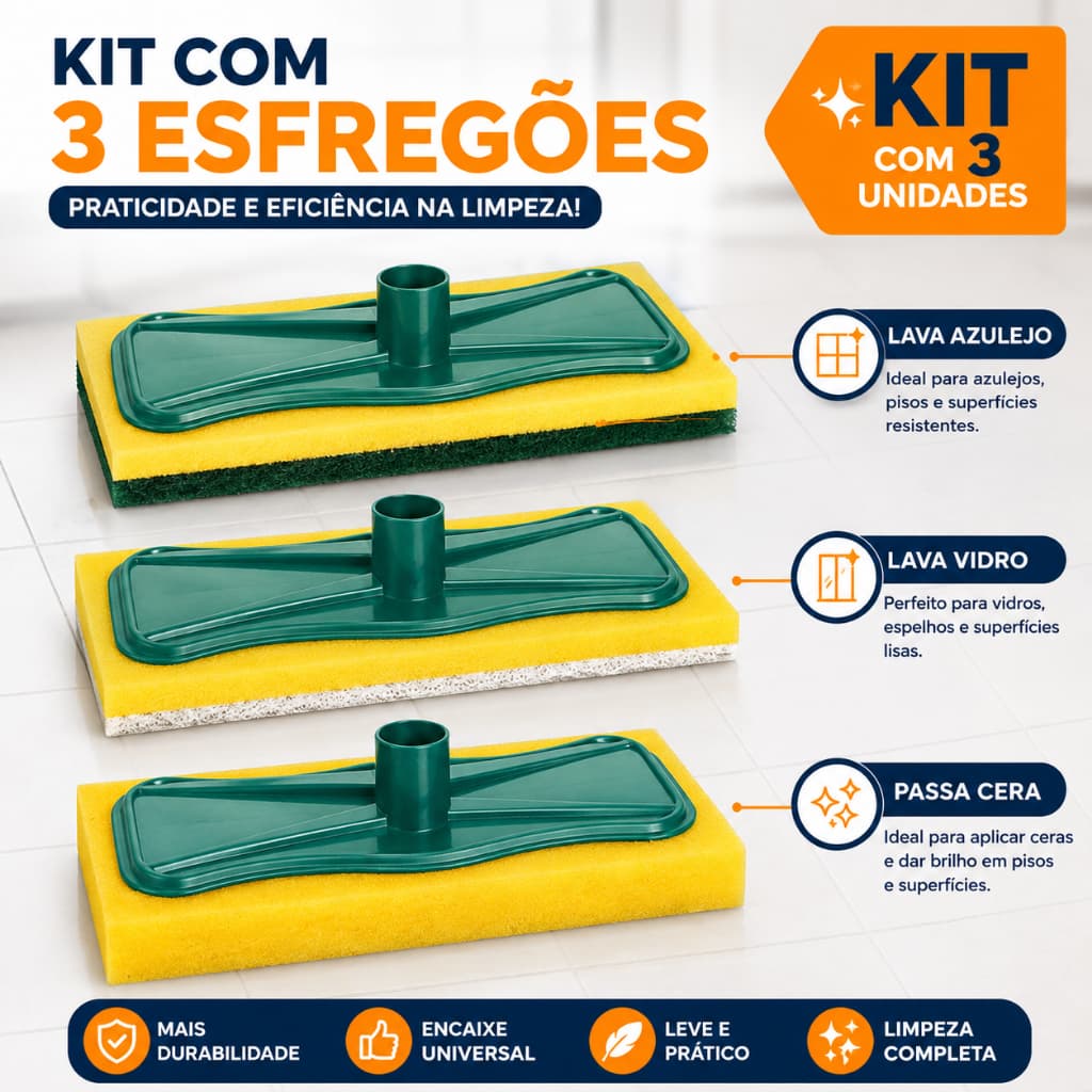 Kit 3 Rodo Esfregão Limpa Vidro, Lava Azulejo, Passa Cera Box Banheiro Piso Multiuso Limpeza S/Cabo