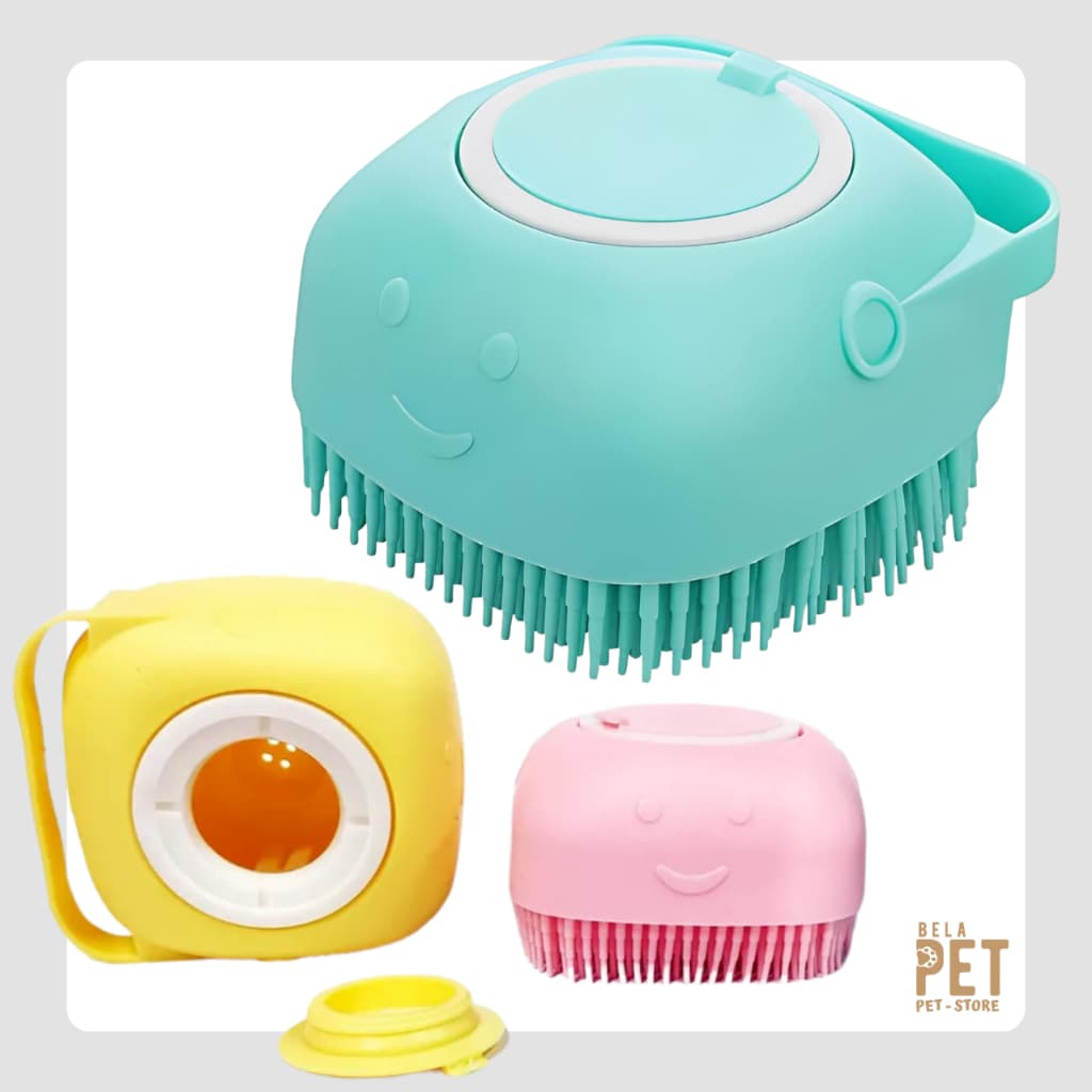 Escova Massageadora de Silicone para Banho Pet com Dispenser de Shampoo – Cães e Gatos