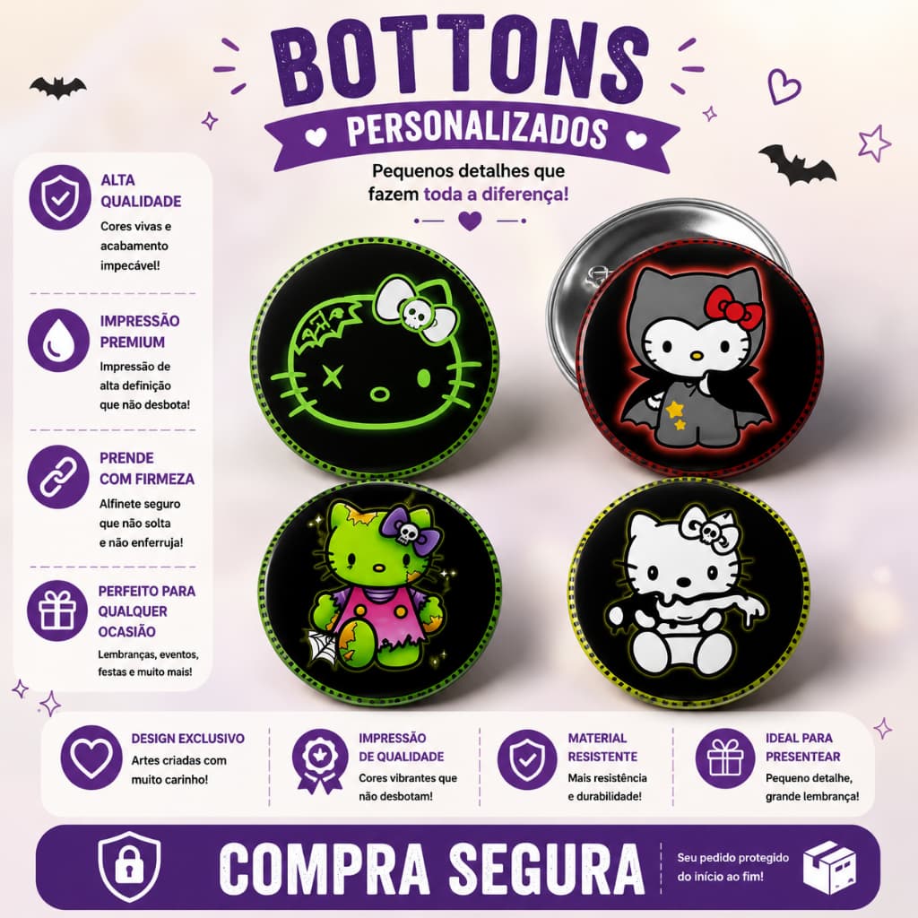 Kit 4 Bottons Hello Kitty Halloween Escolar Mochila Bolsa Broche Pin Alfinete Boton Botão Button