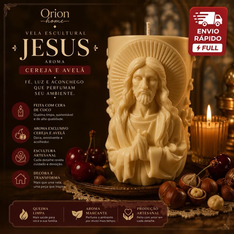 Vela Escultural de Jesus em Cera de Coco | Aroma Cereja e Avelã | Decoração Premium