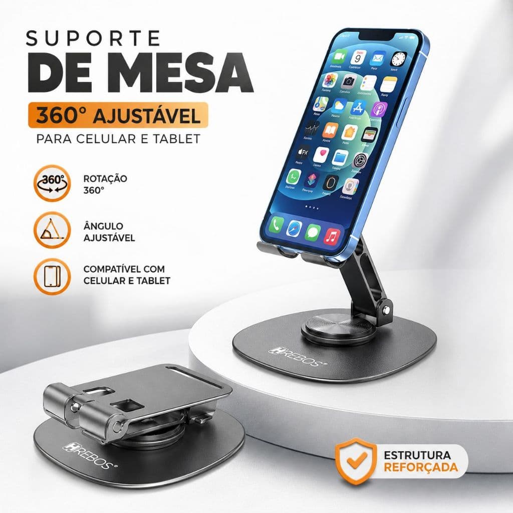 Suporte de Mesa Metálico 360° Ajustável para Celular e Tablet | Dobrável Reforçado iPhone iPad