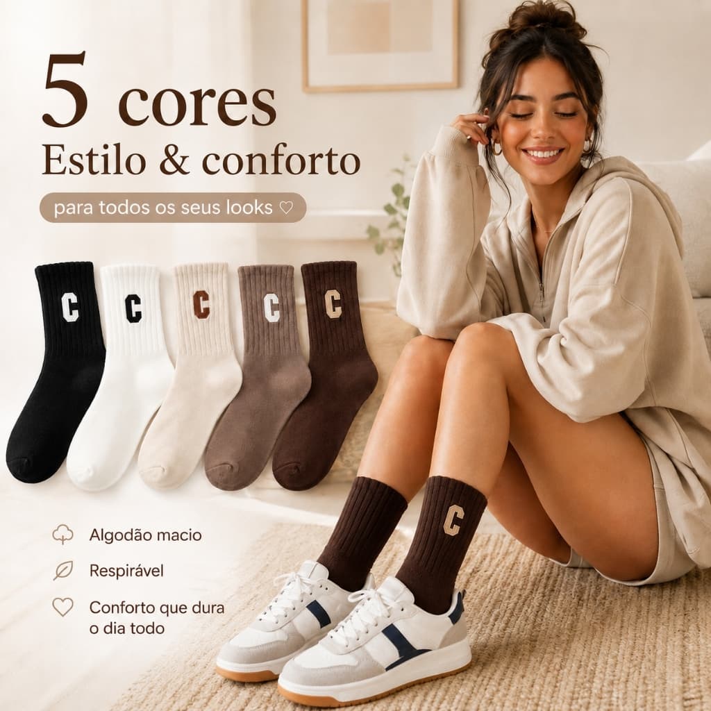 Kit 6 Pares Meia Feminina Cano Médio Canelada Bordado Letra C