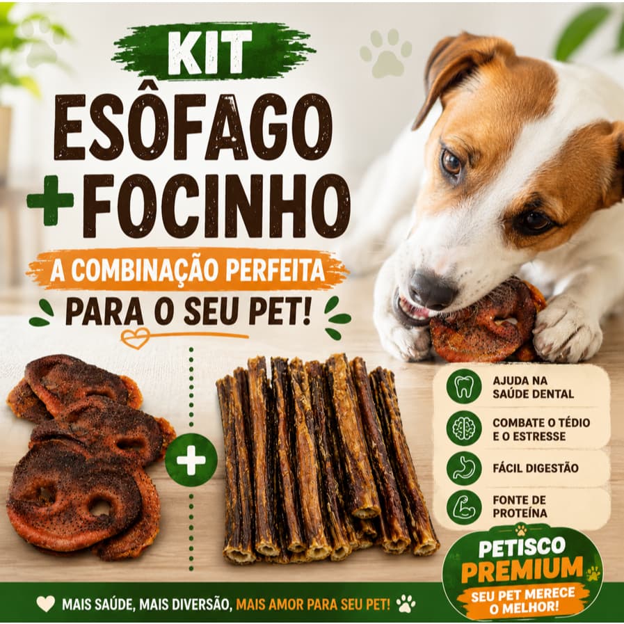 Kit Esôfago Bovino 10un + Focinho 5un | Petisco Natural para Cães | Combinação Perfeita para seu Pet