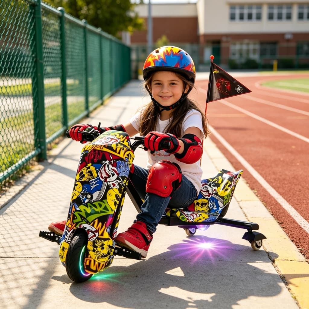 Triciclo Elétrico Drift Infantil 350W com Amortecedor, Bluetooth, 3 Velocidades, Kit de Proteção