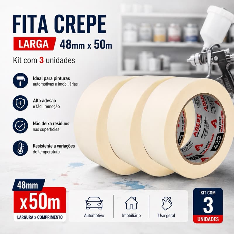Kit 3 Fitas Crepe Branca Adere 48mm x 50m – Alta Aderência para Pintura Automotiva e Imobiliária