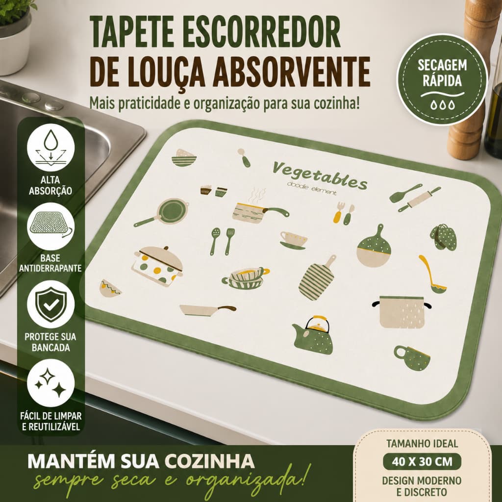Tapete Escorredor de Louça Absorvente Antiderrapante Secagem Rápida para Pia Bancada Cozinha 40x30cm