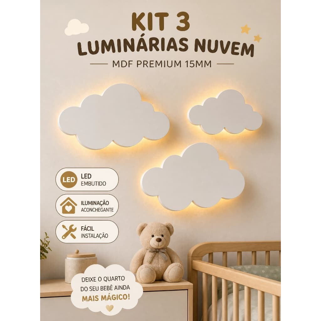 Kit 3 Luminária Nuvem Em MDF 15mm  Led Branca Quente ou Fria 3 Peças Pronta Entrega