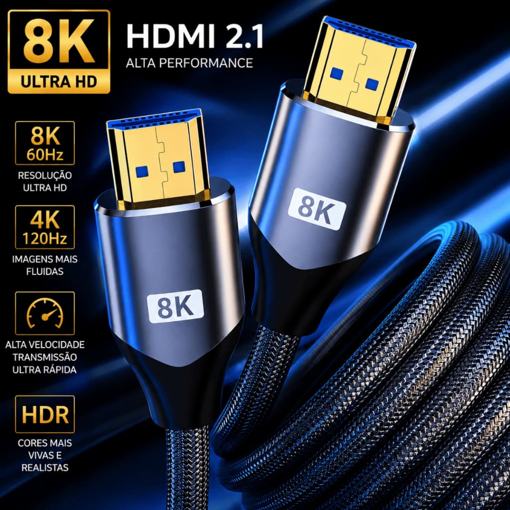 Cabo HDMI 2.1 8k Premium Blindado 1,5 e 2 metros 8K 60Hz e 4k 120hz TV Gamer Xbox PS5 Ultra HD Gold
