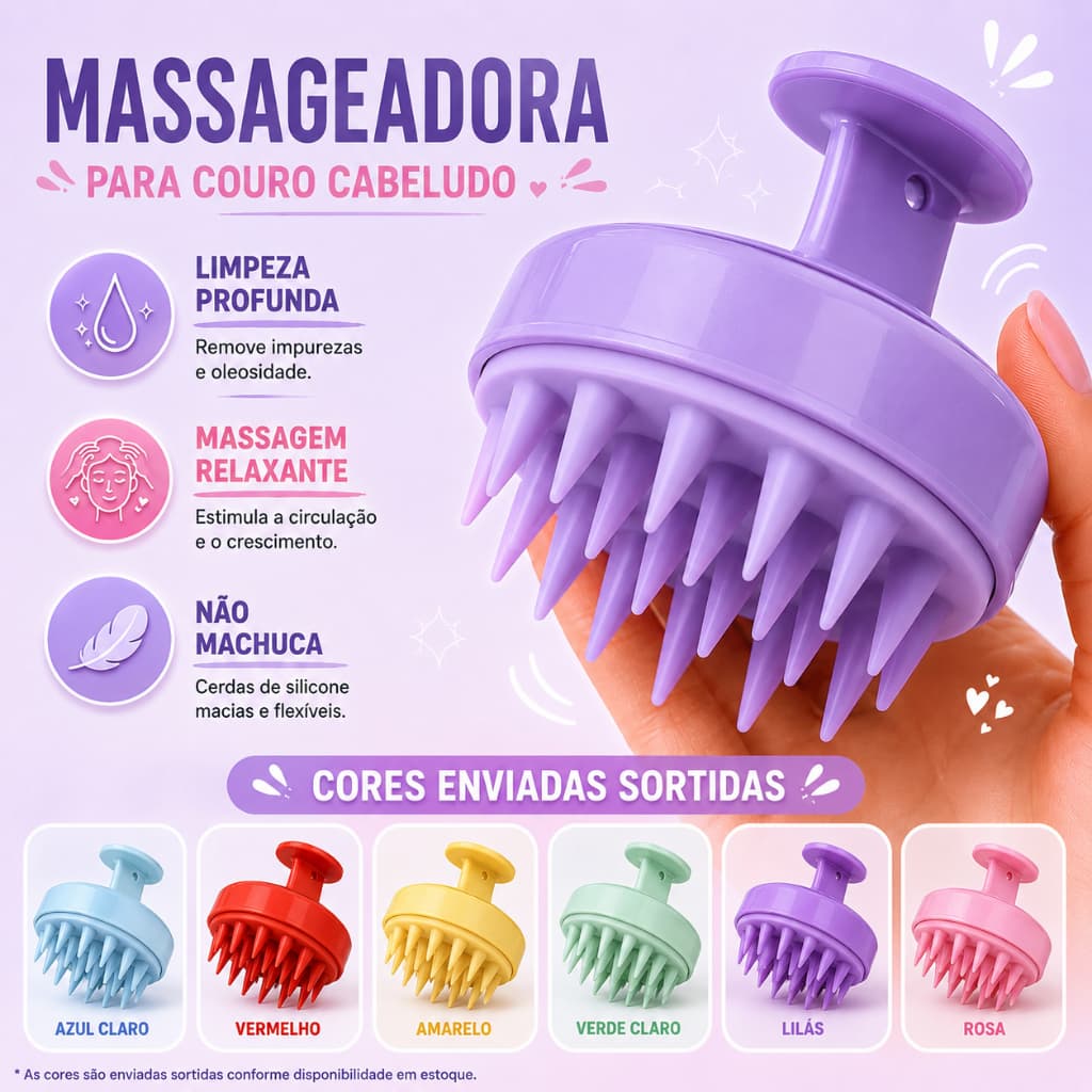 Kit 2 Escova Massageadora  Capilar de Silicone  Couro Cabeludo Banho Cabelo Shampoo Cor Sortida Produto Original
