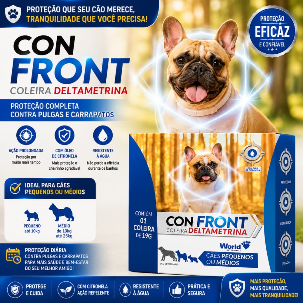 Coleira Antiparasitária Confront Deltametrina 19g Antipulgas Carrapatos Cães Pequenos Médios até 20kg 4 Meses Proteção
